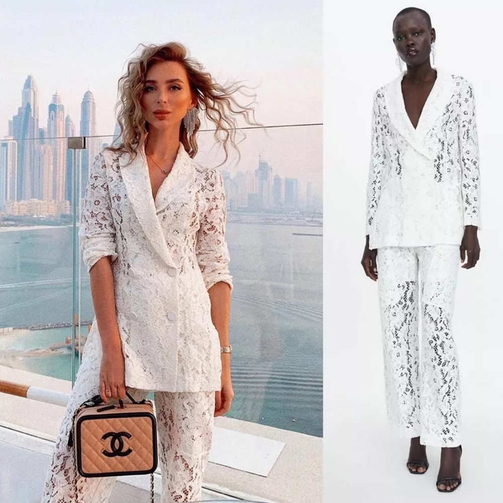 Zara LACE BLAZER w/ Slits & Buttons White Color NEW